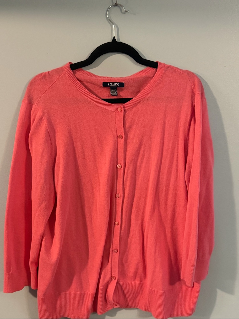 Chaps Coral Pink Button-Up Crewneck Cardigan